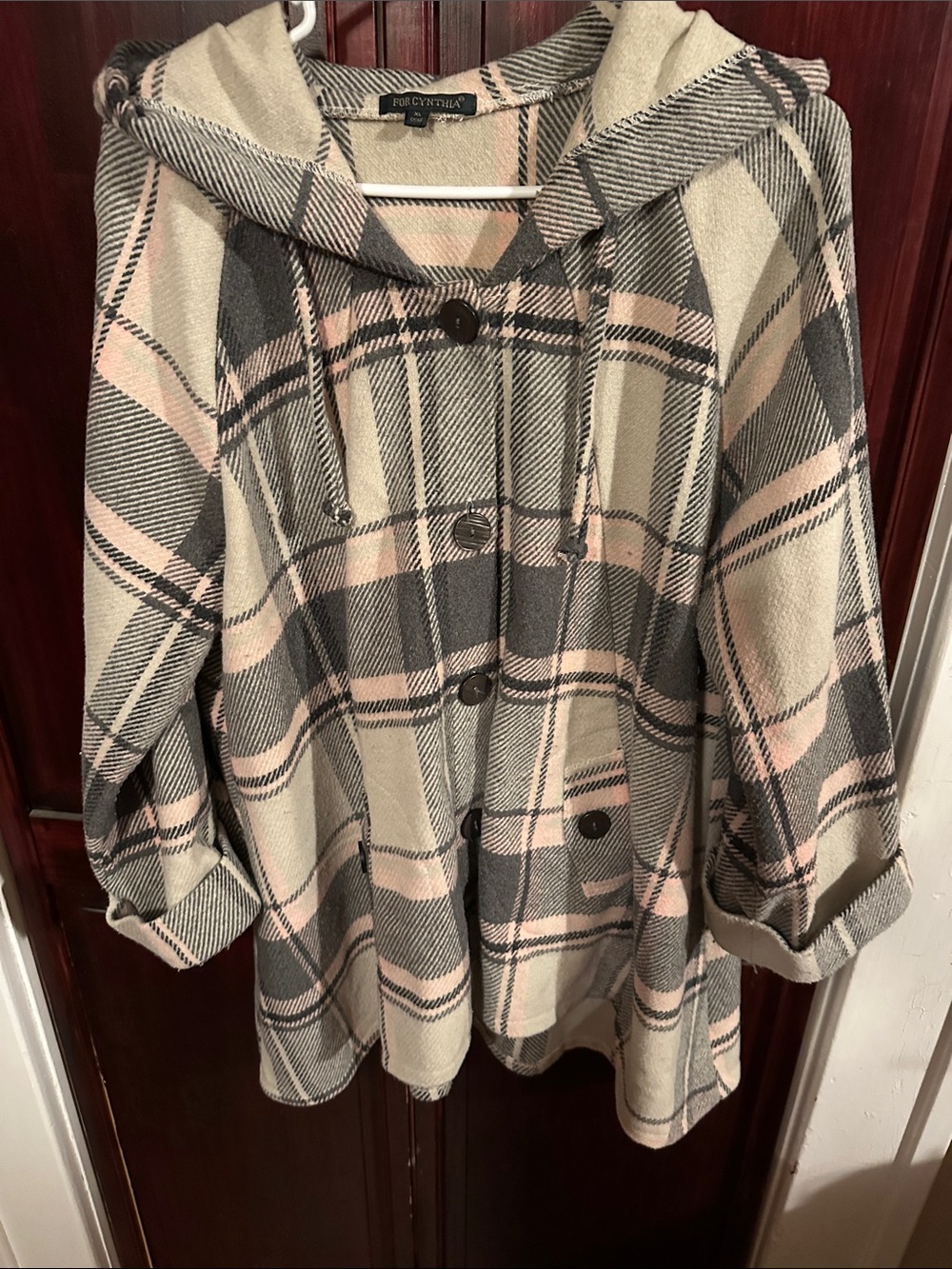 Hooded Plaid Mid-length Coat Jacket in Beige, Pink & Gray. Womens XL